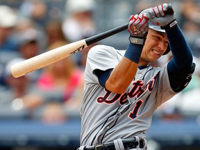 Detroit's Jose Iglesias backs off an inside pitch during the second inning against the New York Yankees Saturday. (Photo by Rich Schultz/Getty Images)