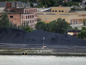 Exposed petcoke piles on the Detroit shoreline in summer of 2013.