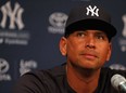 Alex Rodriguez of the New York Yankees speaks to the media before the Yankees/Chicago White Sox game at U.S. Cellular Field on August 5, 2013 in Chicago.  (Jonathan Daniel/Getty Images)