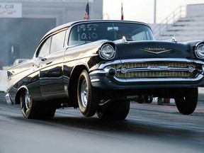 In this 2003 file photo, a '57 Chevy owned by Russell Woods lifts off at the start of a race during Windsor Weekend at the Grand Bend Motorplex in Grand Bend, Ont.  (Tim Fraser/Windsor Star)