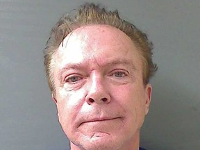 This Wednesday, Aug. 21, 2013 booking mug released by the Schodack (NY) Police Department shows actor-singer David Cassidy. Cassidy, best known for his role as Keith Partridge on "The Partridge Family," is free on $2,500 bail after being charged with felony driving while intoxicated in upstate New York. Schodack Police Lt. Joseph Belardo says Cassidy was stopped early Wednesday for failing to dim his headlights about 10 miles south of Albany. Belardo says Cassidy was charged with DWI after tests showed his blood-alcohol content at .10, higher than the state’s legal limit of .08. (AP Photo/Schodack Police Department)