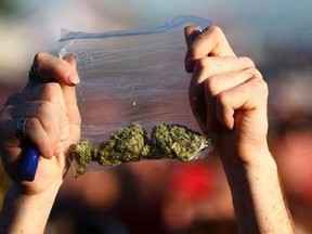 In this file photo, participant holds up a bag of marijuana during the first day of Hempfest, a gathering of thousands of people at Myrtle Edwards Park in Seattle. Police chiefs meeting in Winnipeg say handing out tickets for illegal possession of marijuana may be more efficient than laying criminal charges. (THE CANADIAN PRESS/AP, seattlepi.com, Joshua Trujillo)