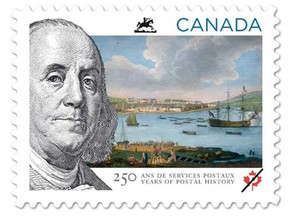 Benjamin Franklin, then the Philadelphia-based postmaster for Britain’s colonies in North America. The stamp features a portrait of Franklin and a vintage scene of Quebec City. (Canada Post/Handout)