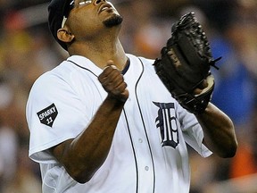 In this file photo, Jose Valverde of the Detroit Tigers reacts at the end of the 10th inning of Game Four of the American League Championship Series against the Texas Rangers at Comerica Park on October 12, 2011 in Detroit.  (Kevork Djansezian/Getty Images)