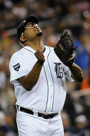 In this file photo, Jose Valverde of the Detroit Tigers reacts at the end of the 10th inning of Game Four of the American League Championship Series against the Texas Rangers at Comerica Park on October 12, 2011 in Detroit.  (Kevork Djansezian/Getty Images)