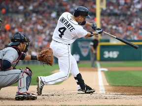 Detroit's Omar Infante hits a three-run homer in the second inning against the Cleveland Indians at Comerica Park Saturday. (Photo by Leon Halip/Getty Images)