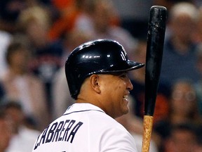 Detroit's Miguel Cabrera grimaces after swinging for strike two against the Minnesota Twins in the ninth inning at Comerica Park Tuesday. (Photo by Duane Burleson/Getty Images)