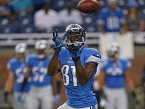 Detroit receiver Calvin Johnson warms up prior to the start of the pre-season game against the New York Jets at Ford Field. (Photo by Leon Halip/Getty Images)