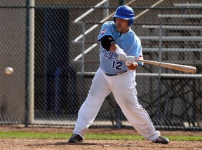 Matt Stairs of the Fredericton Royals lines out against the Brandon Cloverleafs at Cullen Field during the Canadian Senior Baseball Championships in Windsor Thursday. (TYLER BROWNBRIDGE/The Windsor Star)