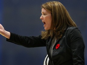 University of Windsor head coach of women's basketball Chantal Vallee has words with an official against the University of Toronto at the St. Denis Centre in 2010. (DAN JANISSE/The Windsor Star)