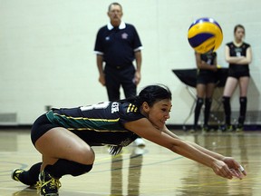 St. Clair's Samantha Bueckert digs out a spike against the Niagara Knights at St. Clair College. (DAX MELMER/The Windsor Star)