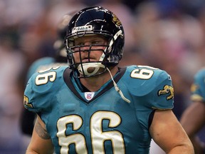 Tecumseh's Brett Romberg takes a break with the Jacksonville Jaguars against the Dallas Cowboys in 2005. (Photo by Ronald Martinez/Getty Images)