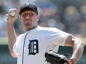 Detroit's Max Scherzer throws a pitch against the Oakland Athletics in the first inning at Comerica Park in Detroit. (AP Photo/Paul Sancya)