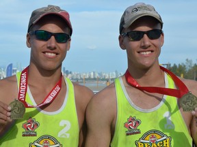 Liam Palmer, left, and Lucas Palmer won a Canadian beach volleyball title in Vancouver. (Volleyball Canada)