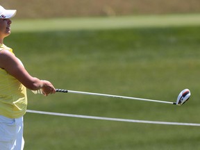 Tecumseh's Erica Rivard eyes a tee shot at the Ambassador Golf Club during the CN Canadian Women's Tour. (DAN JANISSE/The Windsor Star)