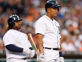 Detroit's Miguel Cabrera, right, waits to bat beside teammate Prince Fielder against the Washington Nationals at Comerica Park. (Photo by Gregory Shamus/Getty Images)
