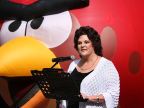 Debi Croucher speaks during a kickoff event for the upcoming Balloonapalooza on Ouellette Avenue in Windsor on Friday, August 9, 2013.           (TYLER BROWNBRIDGE/The Windsor Star)