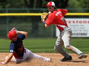 Windsor-Essex's Shane Paradis, right, turns the first half of a double-play over Detroit's Robby Cloyd on the first day of ICG games at Cullen Field in Windsor on Thursday, August 15, 2013. (TYLER BROWNBRIDGE/The Windsor Star)
