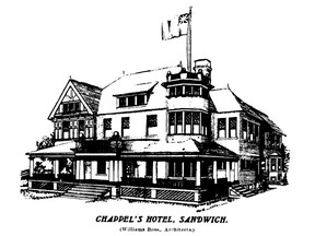 Pictured on May 8, 1903, the building will be brick veneer, with half timbered gables, and large spacious porch. It will have a frontage of 65 feet by 71 feet in depth. To the left of main centre entrance on ground floor will be the dining rooms. The main dining room is 20X27 feet, with private dining room adjoining. At the right side of entrance will be a large reception room and office. Back of this will be the bar-room and toilets. There will also be on this floor a suite of rooms for the use of the proprietor, besides serving room, store room and kitchen. On the second floor will be eleven bedrooms, ladies parlor, toilet and bath rooms. In the basement will be the laundry, wine and fruit cellar and boiler room. The building will be heated by hot water or steam, and lighted by electricity. It will cost about $10,000. (Files/The Evening Record)