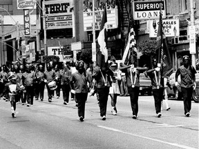 The Marracci Temple Band of Detroit led the parade of bands, marchers and drill teams that participated in the Emancipation parade Monday, Aug. 3,  1975 from Chatham Street to Jackson Park along Ouellette Avenue. The parade was just one of several highlights that included the crowning of Rhoda Baylis, 16, of Harrow as Miss Sepia. (STAN ANDREWS/The Windsor Star)