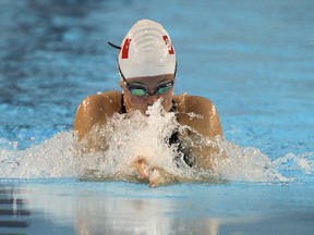 Canadian Anna Kvedaras competes in the girls 50m breaststroke at the International Children's Games being held at the Windsor International Aquatic and Training Centre,  Friday, August 16, 2013.  (DAX MELMER/The Windsor Star)