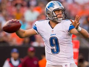 Lions QB Matthew Stafford looks for a pass against the Cleveland Browns at FirstEnergy Stadium on August 15, 2013 in Cleveland, Ohio. (Photo by Jason Miller/Getty Images)