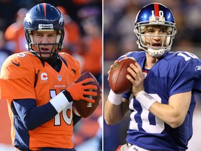 Peyton Manning, QB for Denver Broncos, left, and his brother Eli Manning, QB for the N.Y. Giants. (Getty Images files)