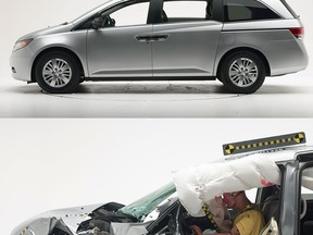 The 2014 Honda Odyssey before the crash test, top, and after, below. The dummy's position in relation to the door frame, steering wheel, and instrument panel on the vehicle after the crash test indicates that the driver's survival space was maintained reasonably well. (Courtesy of the Insurance Institute for Highway Safety)