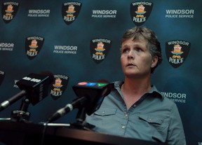 Det. Maureen Rudall of Windsor Police Services, holds a press conference at police headquarters announcing the launch of GPS-enabled alarms to help protect victims of domestic violence, Friday, August 23, 2013.    (DAX MELMER/The Windsor Star)