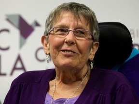 Gloria Taylor, who suffers from Lou Gehrig's disease and won a doctor-assisted suicide challenge in B.C. Supreme Court, speaks during a news conference in Vancouver, B.C., on Monday June 18, 2012. A B.C. Supreme Court judge struck down the laws banning doctor-assisted suicide last week, calling the them discriminatory, disproportionate and overbroad. (THE CANADIAN PRESS/Darryl Dyck)