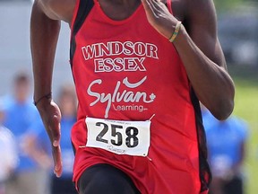 Windsor-Essex's Rojae Rowe runs to gold in the 100-metre race, Sat. Aug. 17, 2013, at the International Children's Games in Windsor, Ont.   (DAN JANISSE/The Windsor Star)