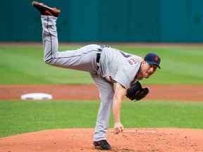 Tigers starter Max Scherzer pitches against the Indians at Progressive Field on August 8, 2013 in Cleveland. (Jason Miller/Getty Images)