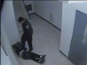 A frame from the surveillance video that captured an incident between Const. Kent Rice of Windsor police and Gladson Chinyangwa on Feb. 22, 2012. (The Windsor Star)