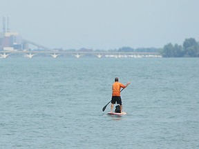 A stand up paddleboarder makes his way up the Detroit River in Windsor on Tuesday, August 27, 2013.          (TYLER BROWNBRIDGE/The Windsor Star)