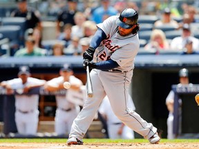 Detroit's Prince Fielder connects on a first inning RBI against the New York Yankees August 11, 2013  in New York.  (Jim McIsaac/Getty Images)