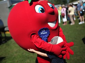 The Ruthven Big Apple gives a hug to Easton Ringler, 5, from Cottam,  at the Ruthven Apple Festival at Colosanti's Tropical Gardens, Saturday, Sept. 28, 2013. (DAX MELMER/The Windsor Star)