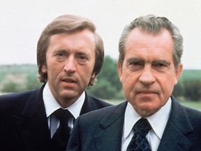 Former U.S. president Richard M. Nixon, right,  with broadcaster David Frost in California in this 1977 file photo. Sir David Frost has died at the age of 74 his family said in a statement Sunday Sept. 1 2013.  (Associated Press file)