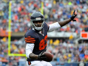 Martellus Bennett #83 of the Chicago Bears catches a touchdown pass against the Minnesota Vikings during the first quarter on September 15, 2013 at Soldier Field in Chicago, Illinois. (Photo by David Banks/Getty Images)