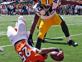 Cincinnati Bengals running back Giovani Bernard (25) dives into the end zone past Green Bay Packers free safety M.D. Jennings (43) for a 3-yard touchdown run in the first half of an NFL football game, Sunday, Sept. 22, 2013, in Cincinnati. (AP Photo/Al Behrman)