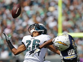 Cornerback Cary Williams #26 of the Philadelphia Eagles breaks up a pass intended for wide receiver Malcom Floyd #80 of the San Diego Chargers  during the second quarter of a game at Lincoln Financial Field on September 15, 2013 in Philadelphia, Pennsylvania. (Photo by Rich Schultz /Getty Images)