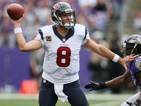 Quarterback Matt Schaub #8 of the Houston Texans gets off a pass while being pressured by inside linebacker Josh Bynes #56 of the Baltimore Ravens during the first half at M&T Bank Stadium on September 22, 2013 in Baltimore, Maryland.  (Photo by Rob Carr/Getty Images)