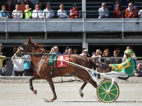 A crowd watches as a driver competes in a race during the first of four harness racing dates at the Leamington Fairgrounds, Sunday, Sept. 22, 2013.  (DAX MELMER/The Windsor Star)