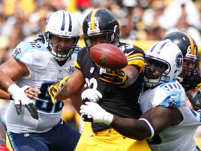 Isaac Redman #33 of the Pittsburgh Steelers fumbles the ball in the first half against the Tennessee Titans during the game on September 8, 2013 at Heinz Field in Pittsburgh, Pennsylvania. (Photo by Justin K. Aller/Getty Images)