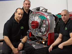 Vengeance Power engineers Tony Sleiman, left, Andre Laba and Jessie Laba, right,  and their high-torque engine, seen here in February 2012, have brought $2 million to Windsor, Sleiman says.. (Windsor Star files)
