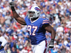 Corbin Bryant #97 of the Buffalo Bills celebrates a turnover as Jim Leonhard #35 intercepted the ball during NFL game action against the Baltimore Orioles at Ralph Wilson Stadium on September 29, 2013 in Orchard Park, New York. (Photo by Tom Szczerbowski/Getty Images)
