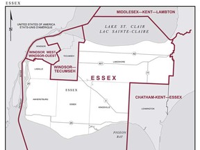 The former federal riding map for Essex. It was announced Monday, Sept. 30, 2013, that the riding of Chatham-Kent-Essex has grown to include Pelee Island and part of Lakeshore, east of Rochester Townline Road, that had been part of the Essex riding. And the new name is Chatham-Kent-Leamington. (Windsor Star files)