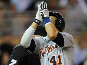 Victor Martinez of the Detroit Tigers celebrates a solo home run against the Minnesota Twins during the fourth inning of the game on September 24, 2013 at Target Field in Minneapolis, Minn. (Hannah Foslien/Getty Images)