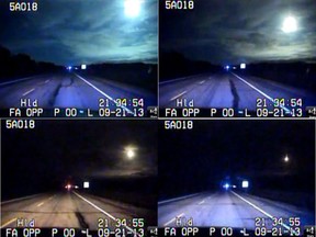 An RCMP cruiser camera captured a falling fireball lighting up the sky during his patrol of a highway in northern Alberta