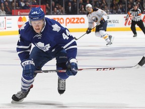 Toronto's Morgan Rielly skates against the Buffalo Sabres at the Air Canada Centre. (Photo by Claus Andersen/Getty Images)