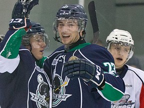 Plymouth's Connor Sills, centre, celebrates a goal against the Spitfires in Livonia Saturday. (RENA LAVERTY/Plymouth Whalers)